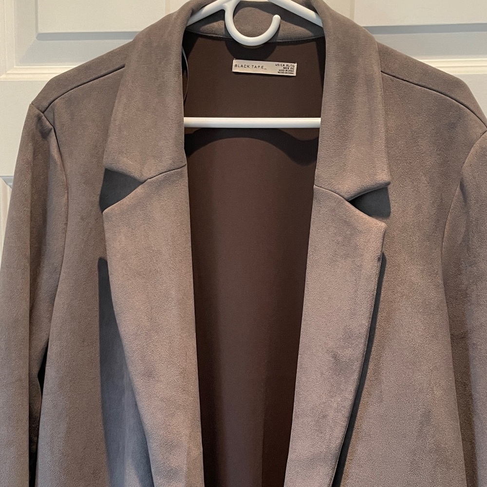 Black Tape Long Open Front Gray Suede-like Coat XL